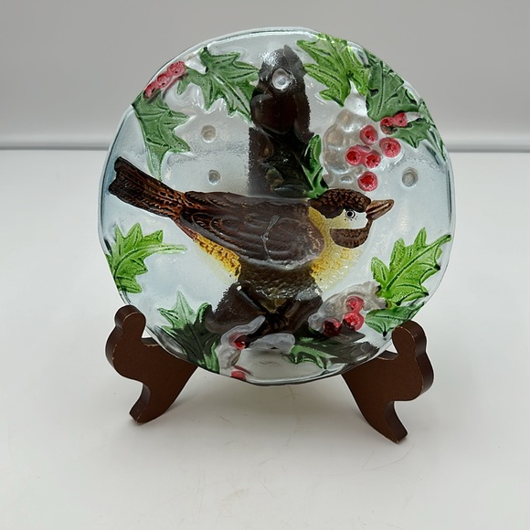 Fused Glass Bird Plate with Holly Berries - Picture 3 of 16